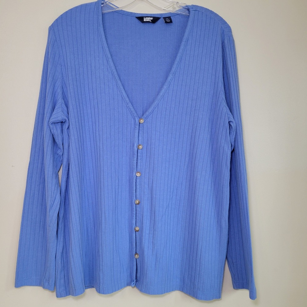Lands End Woman's Cardigan Sweater Blue Ribbed V Neck Long Sleeve Size L‎